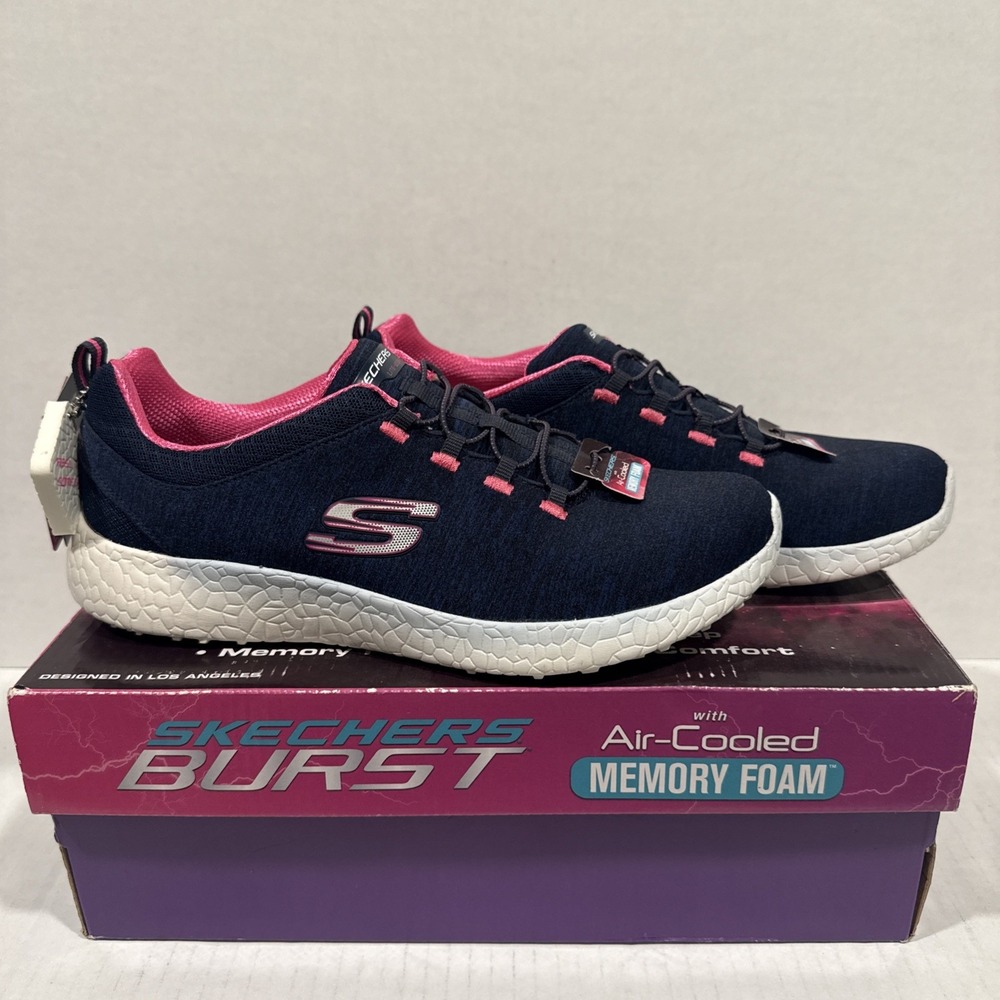 NIB SKECHERS Burst Woman's Low Top Sneakers Navy Pink Memory Foam 12431  9M